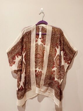 Chico's Cream Paisley Open-Front Kimono Swimsuit Cover Up Boho Festival Rodeo